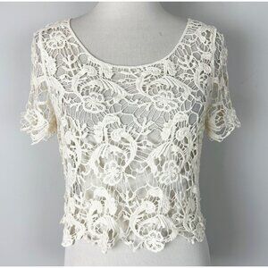 Y2K Crochet Crop Top Ivory Sheer Hippie Festival Forever 21 Size Medium Women's